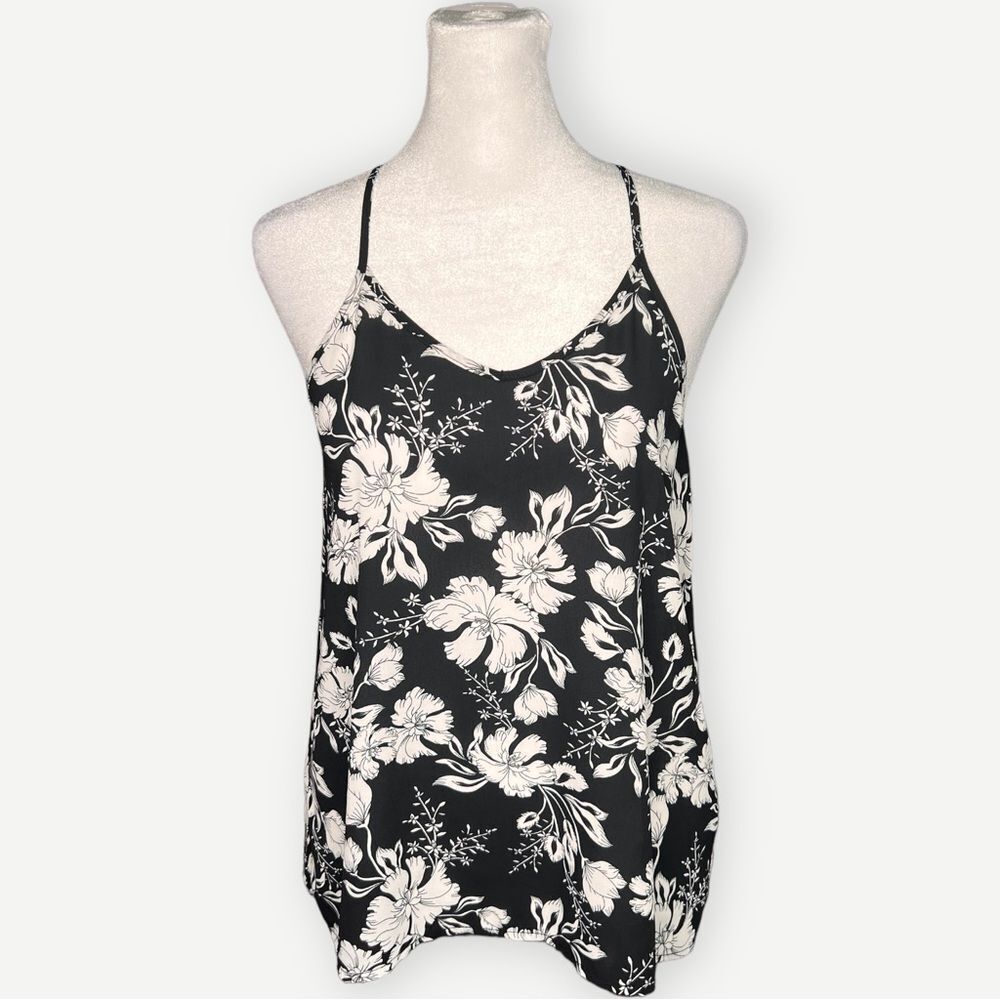 Pink Rose Flowy Black & White Floral Sleeveless Blouse. Top. Small.